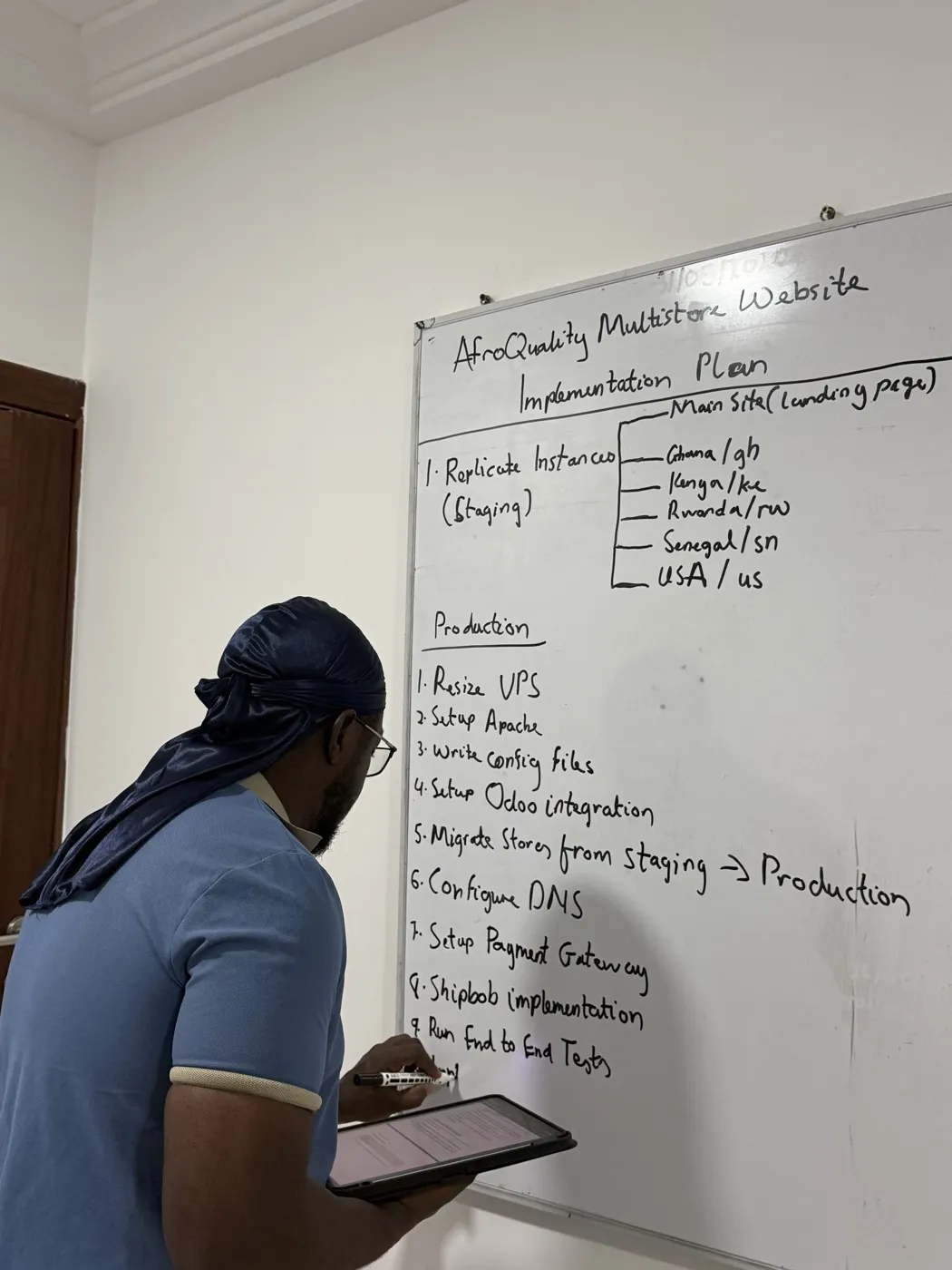 Kofi at a whiteboard writing an implementation plan for the AfroQuality multistore rollout
